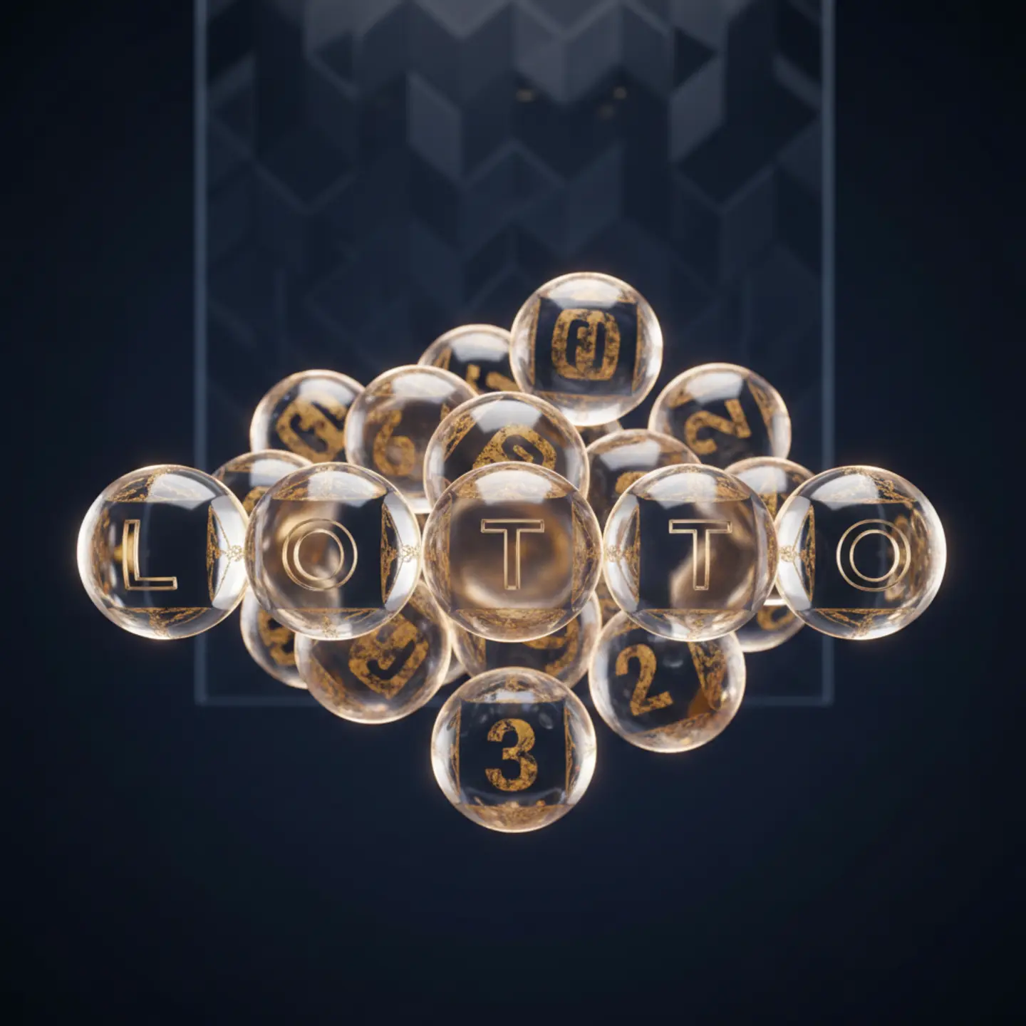 Cinematic 3D lottery balls floating over a dark navy background